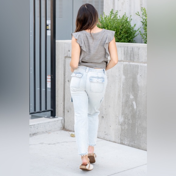 KanCan Winston High Rise Cargo Slim Straight Light Wash Raw Hem Jeans Size 24 - Picture 3 of 10